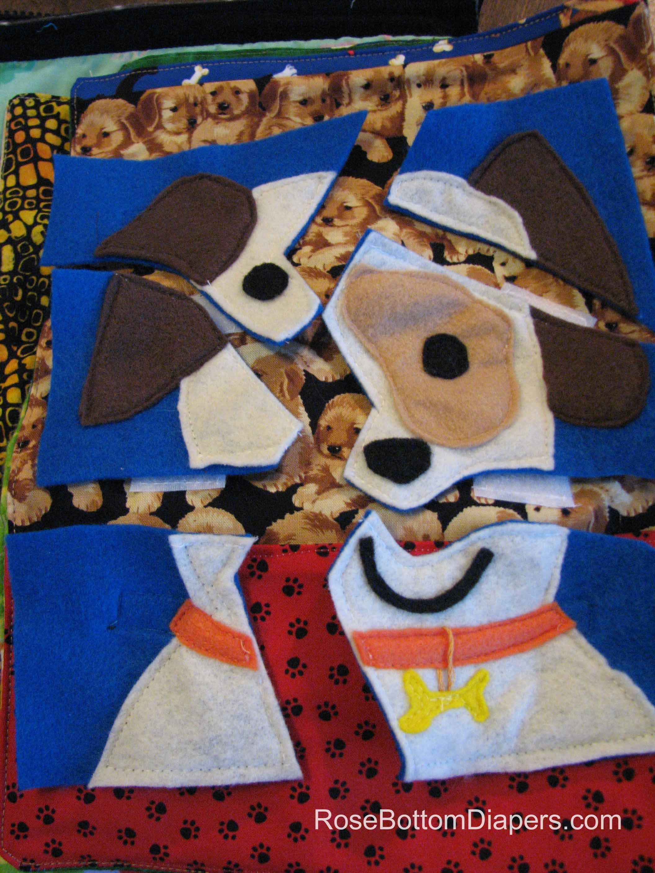 Felt Dog Puzzle quiet book page.  Busy book ideas at RoseBottomDiapers.com